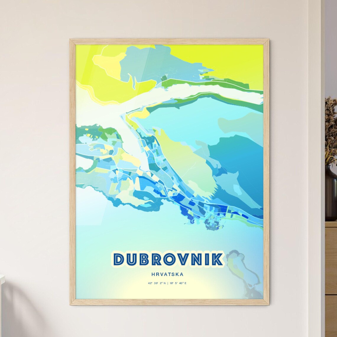 Dubrovnik Croatia Blue Green Expressive Coastal City Map Art Poster