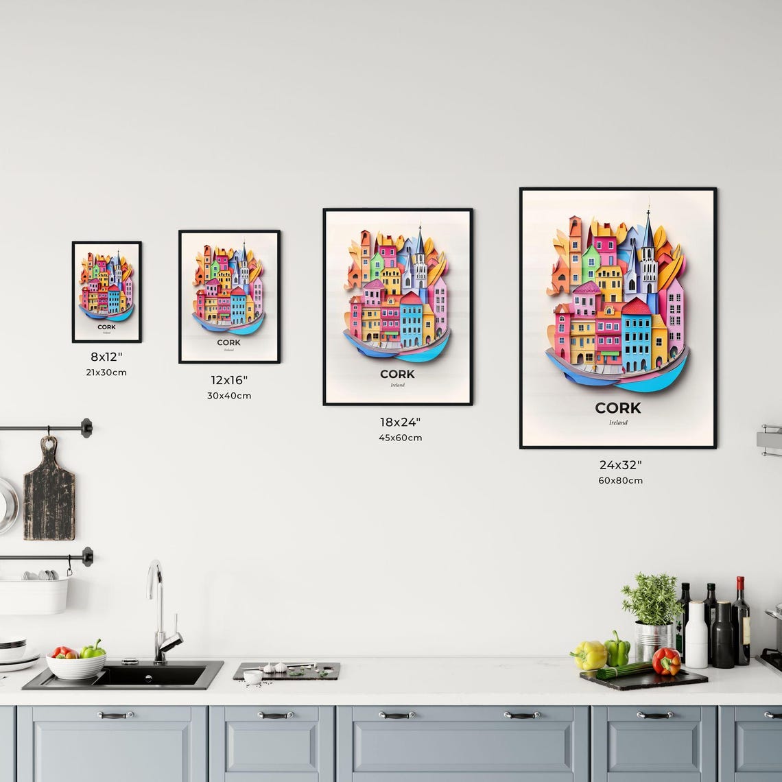 Cork Ireland Colorful Paper Cut Old Town Skyline Scene Poster - Image 3