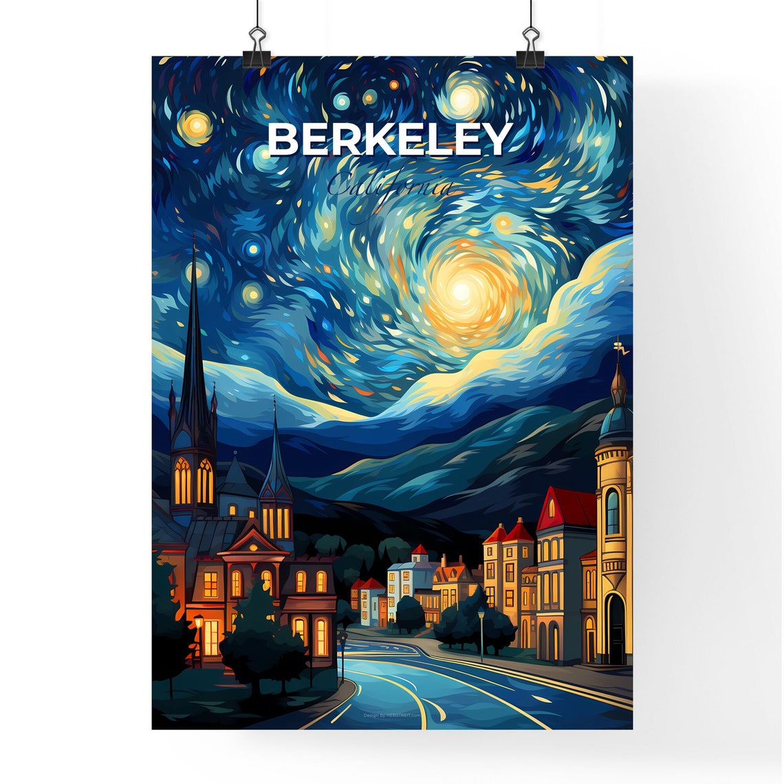 Berkeley California Starry Night City Skyline Painting Poster - Image 4