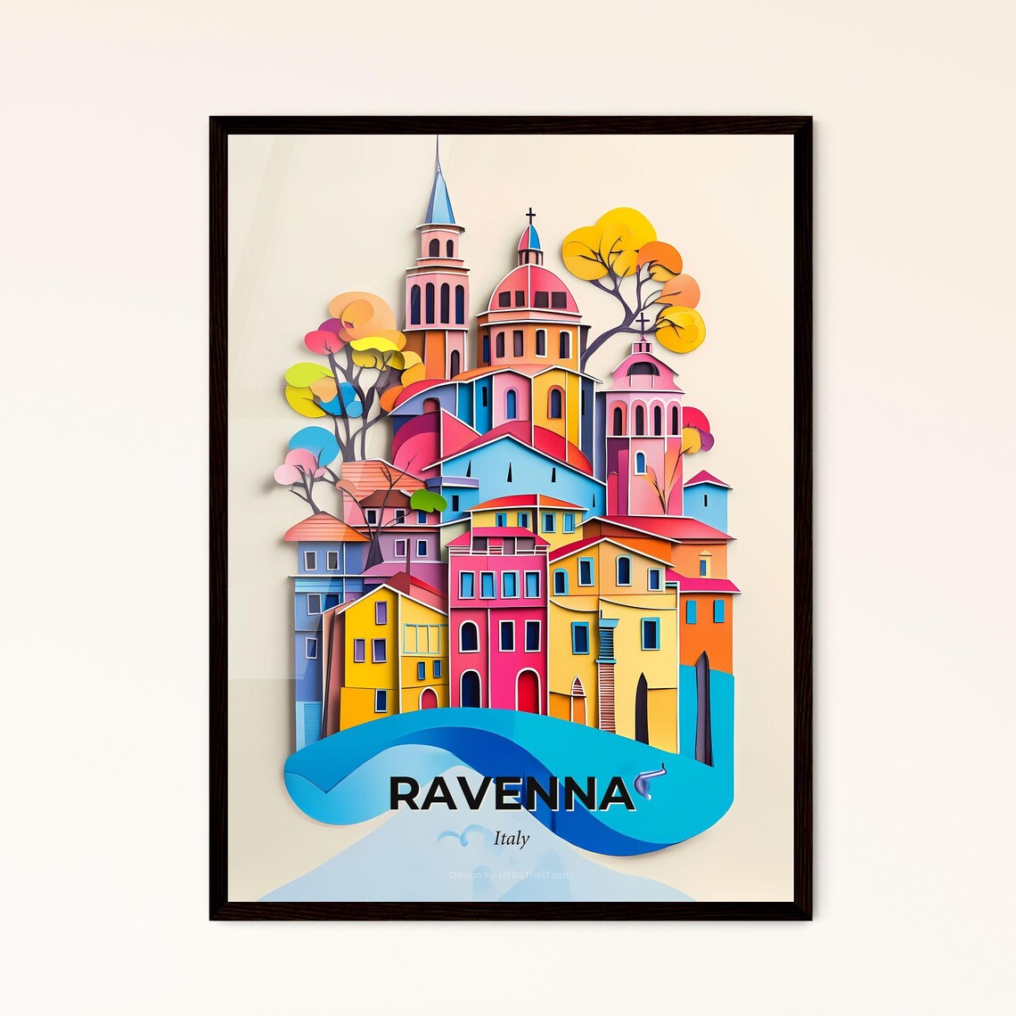 Ravenna Italy Vivid Colorful Old Town Blue Wave Paper Cut Poster