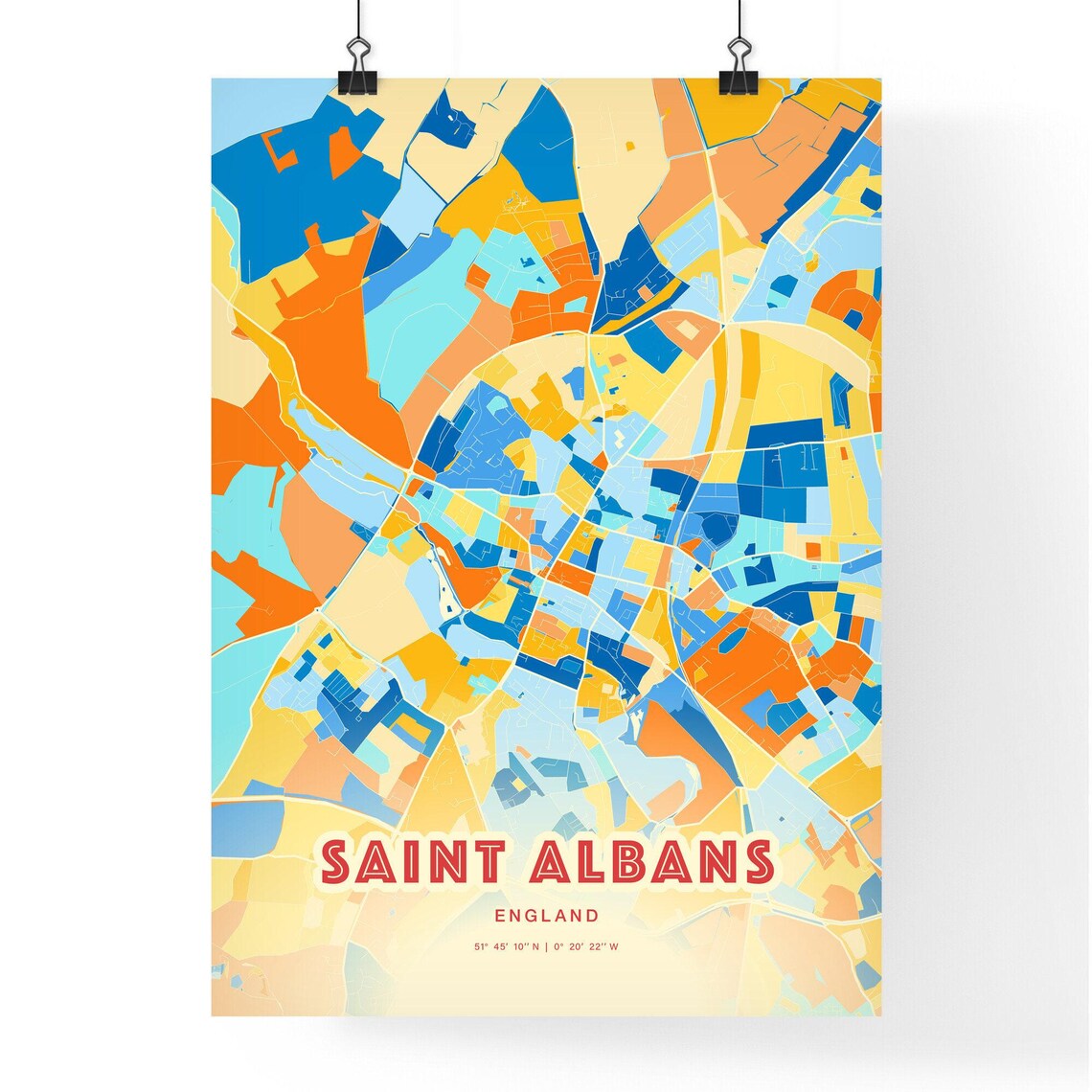 Saint Albans England Colorful Blue and Orange Retro City Street Map Wall Art - Image 3