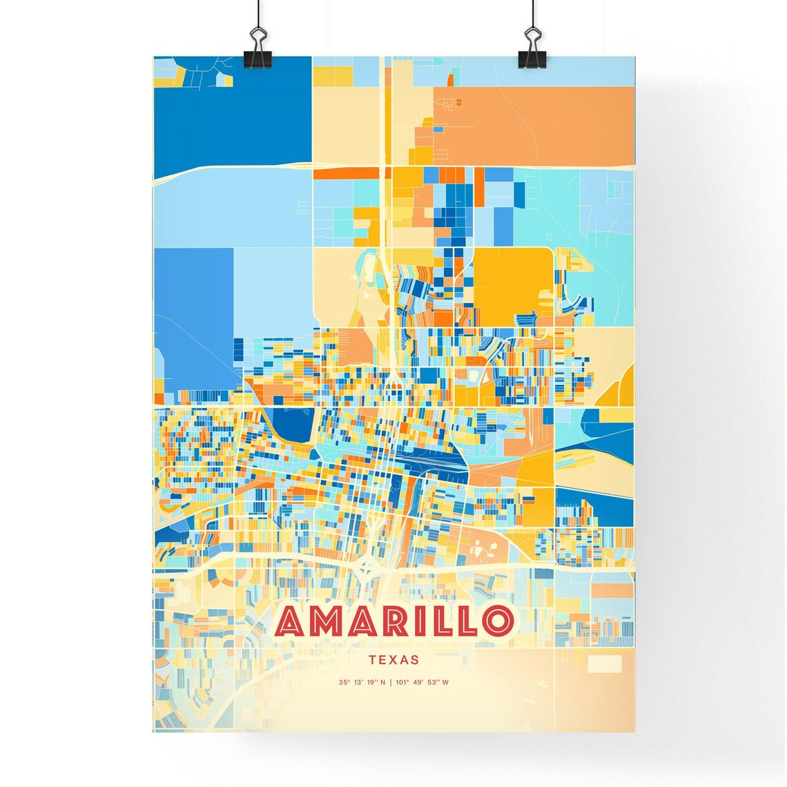 Amarillo Texas Colorful City Map Art Poster Blue And Orange Street Design - Image 3