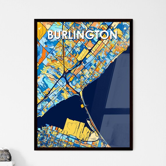 Burlington Canada Bold City Map Art Poster in Navy Orange and Yellow