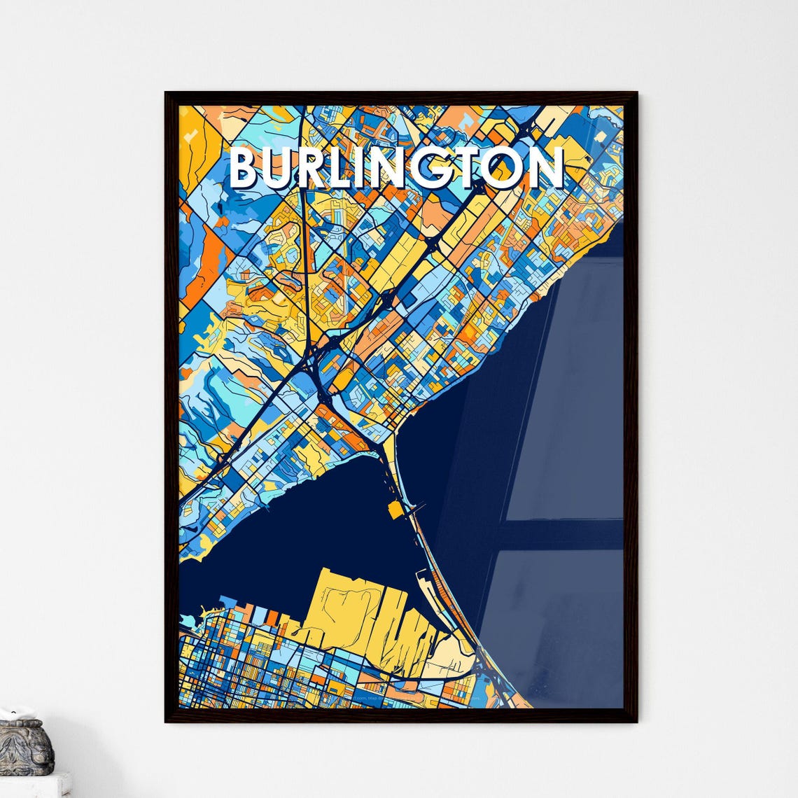Burlington Canada Bold City Map Art Poster in Navy Orange and Yellow