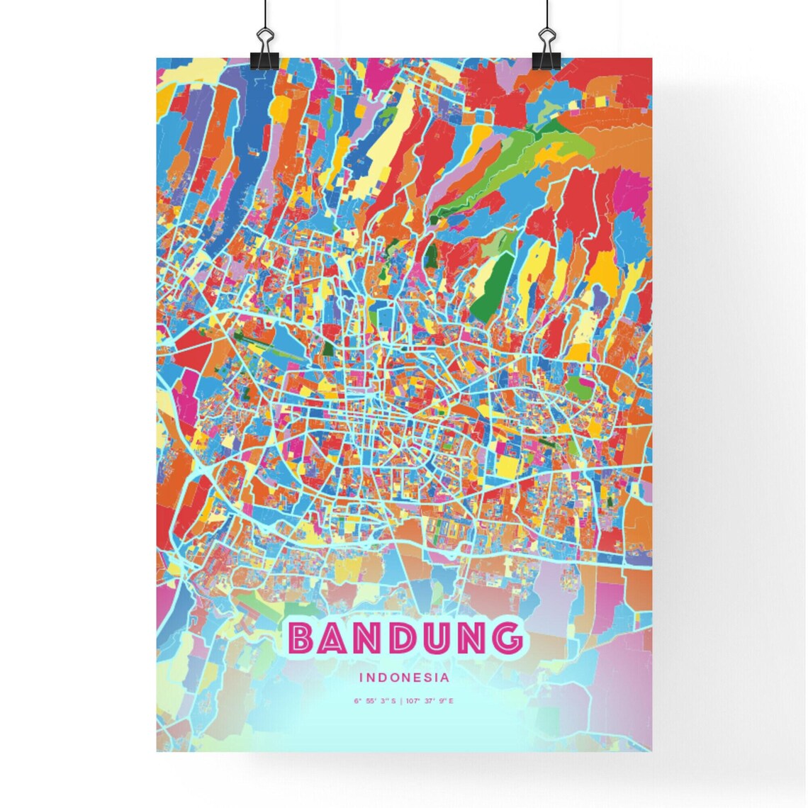Bandung Indonesia Colorful City Map Art Poster in Pink and Turquoise - Image 3