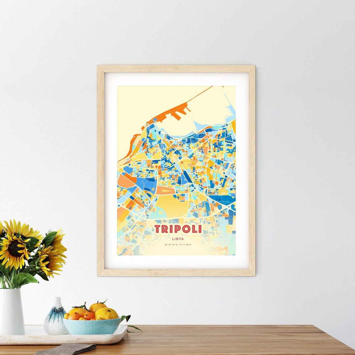 Tripoli Libya Blue Orange Mediterranean Harbor Map Art Poster - Image 2