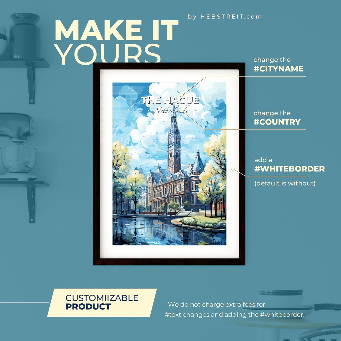 The Hague Netherlands Travel Poster Historic Building Pond Reflection Art - Image 2