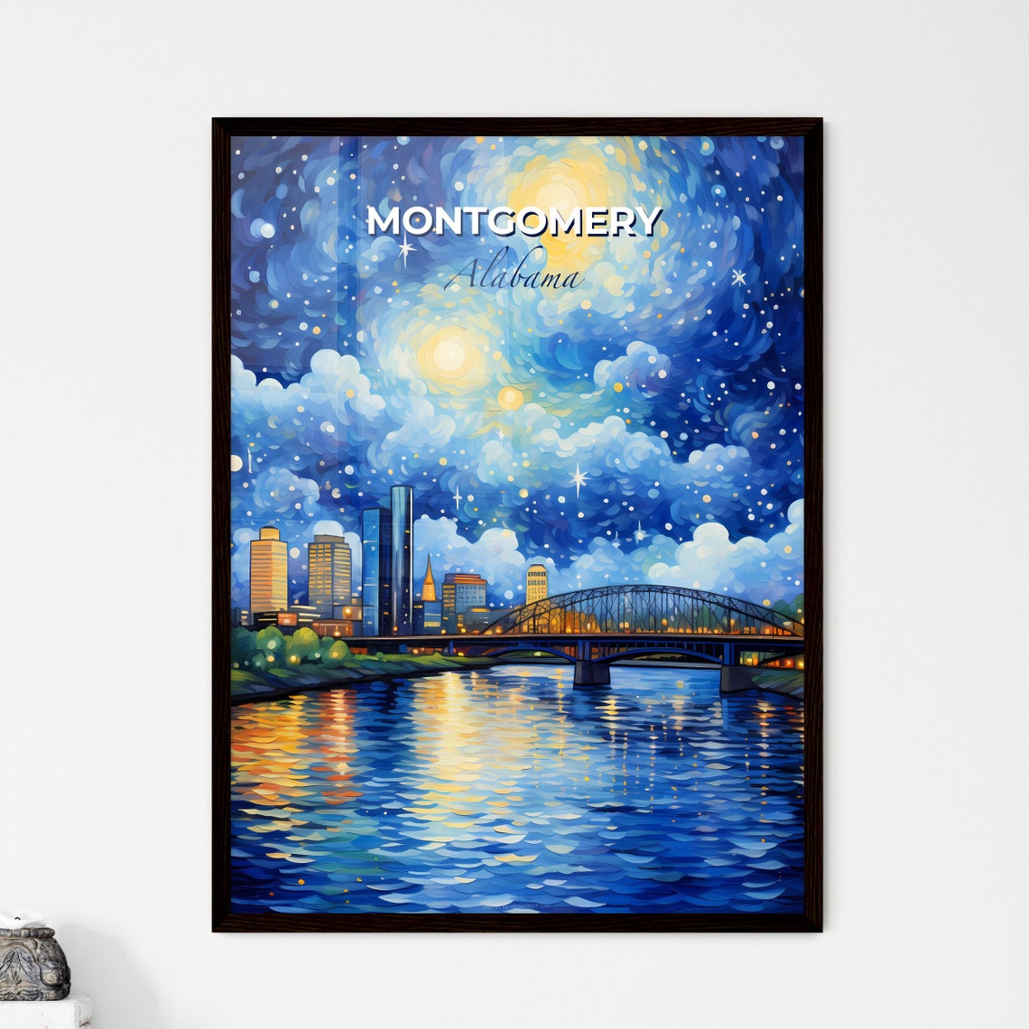 Montgomery Alabama Starry Night River Bridge Skyline Travel Poster