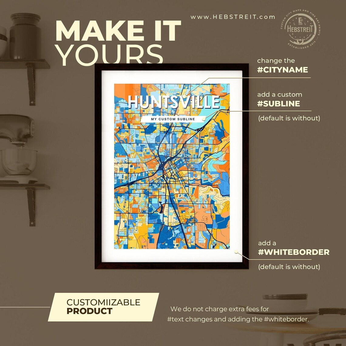 Huntsville Alabama Colorful Blue Orange City Map Mosaic Poster - Image 2