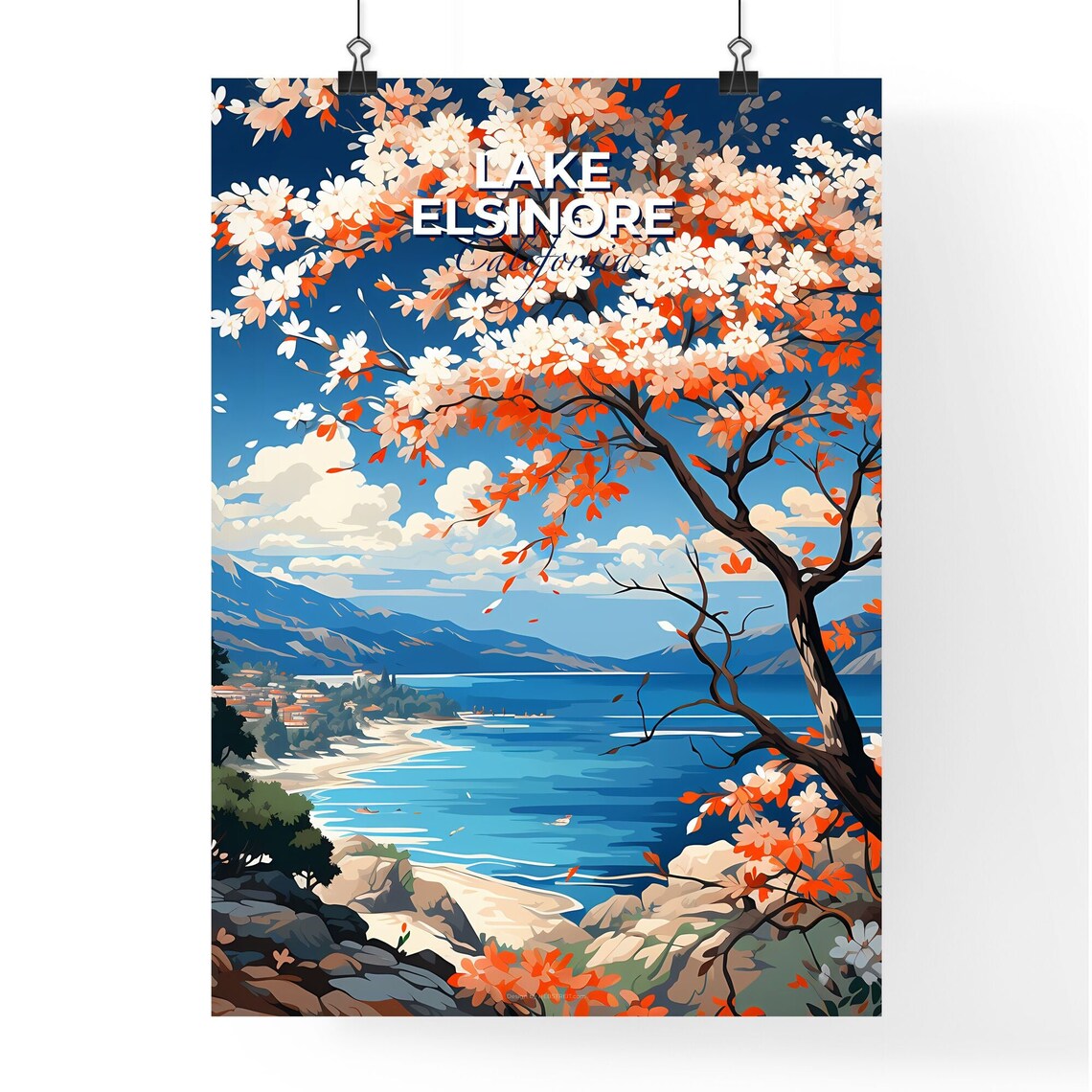 Lake Elsinore California Blooming Tree Lake View Vintage Travel Poster - Image 4