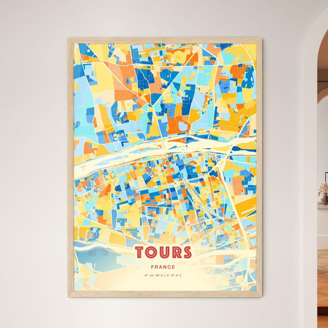 Tours France Colorful Blue Orange Map Art Poster Wall Decor Gift