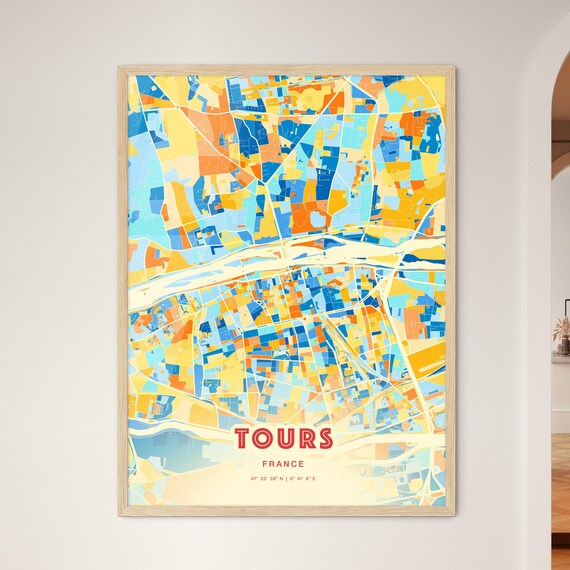 Tours France Colorful Blue Orange Map Art Poster Wall Decor Gift