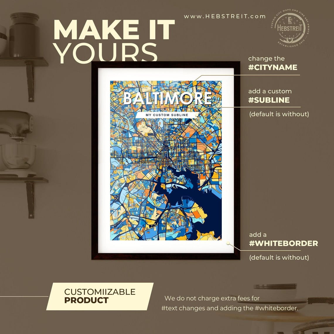 Baltimore Maryland Bold Blue Orange City Map Wall Decor Poster - Image 2