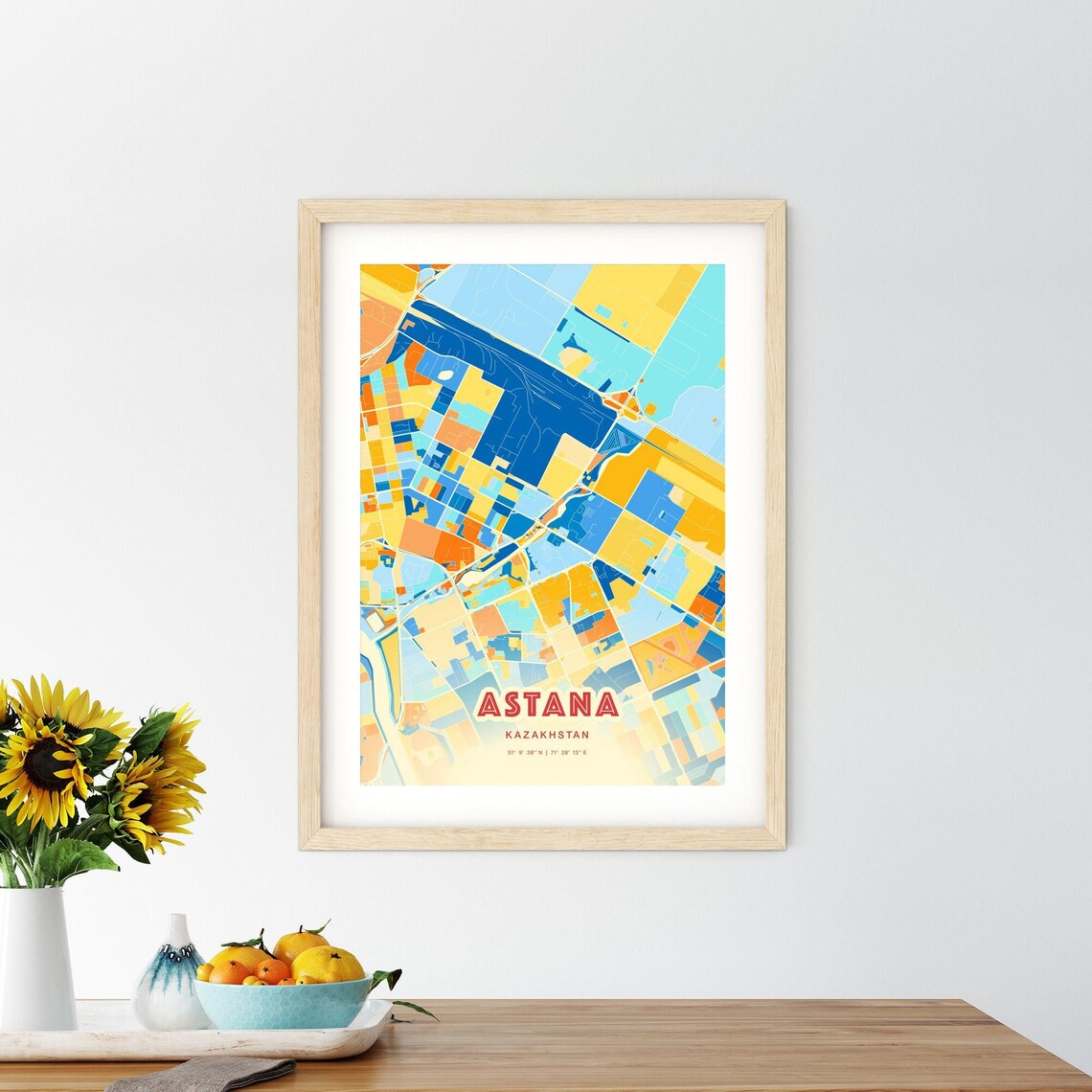 Astana Kazakhstan Blue Orange Colorful City Map Art Poster With Coordinates - Image 2