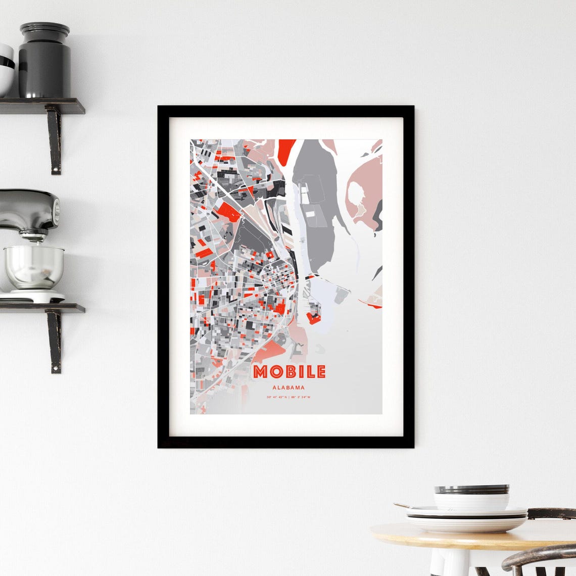 Mobile Alabama Modern Red Expressive City Map Poster with Coordinates - Image 2