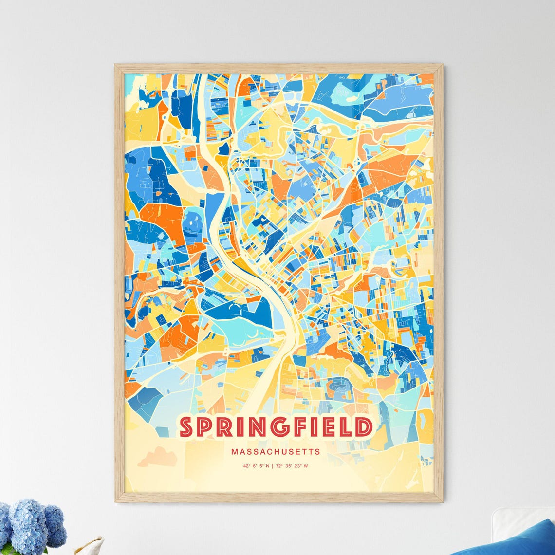 Springfield Massachusetts Vibrant Blue Orange City Map Poster