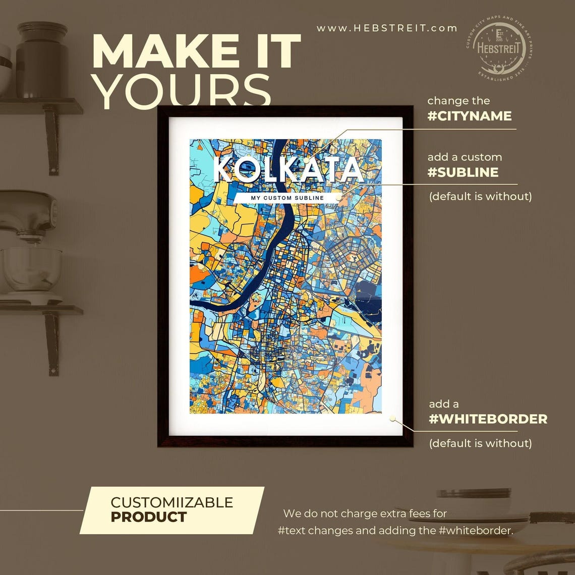 Kolkata India Vibrant City Map Poster Blue Orange Urban Travel Decor - Image 2