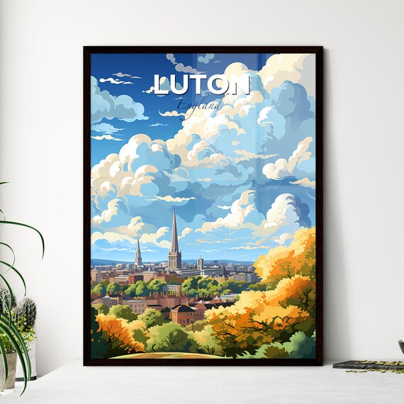 Luton England Travel Poster Church Spires Autumn Trees City Skyline Art
