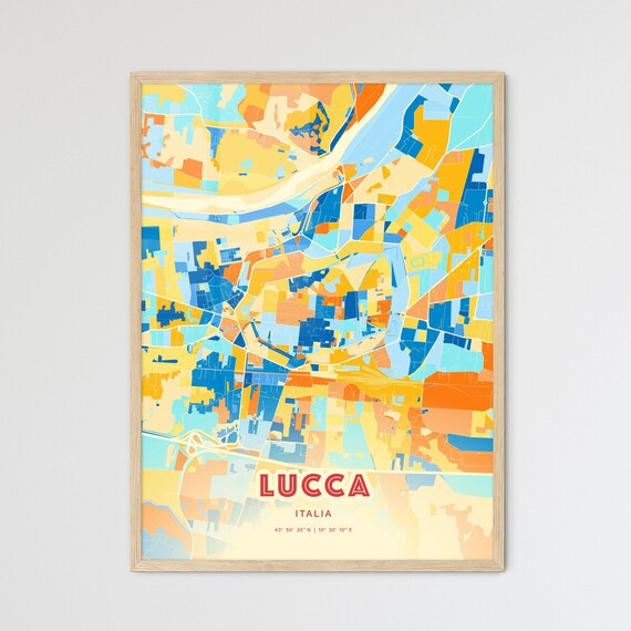 Lucca Italy Colorful Blue and Orange Street Map City Art Poster