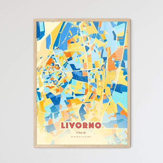 Modern Blue and Orange City Street Map Art Poster of Livorno Italy
