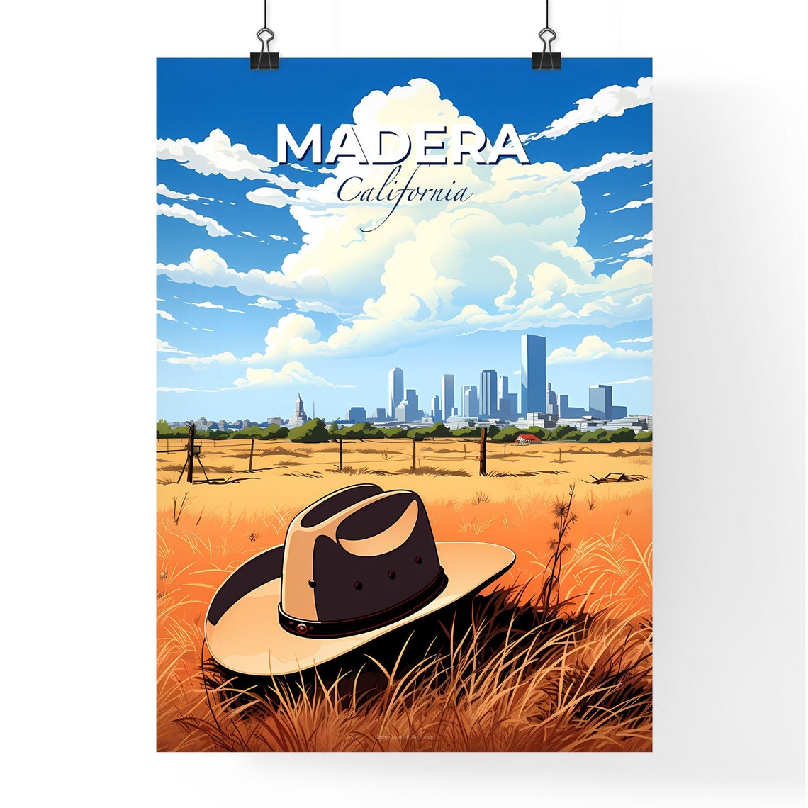 Madera California Cowboy Hat Wheat Field Skyline Scene Poster - Image 4