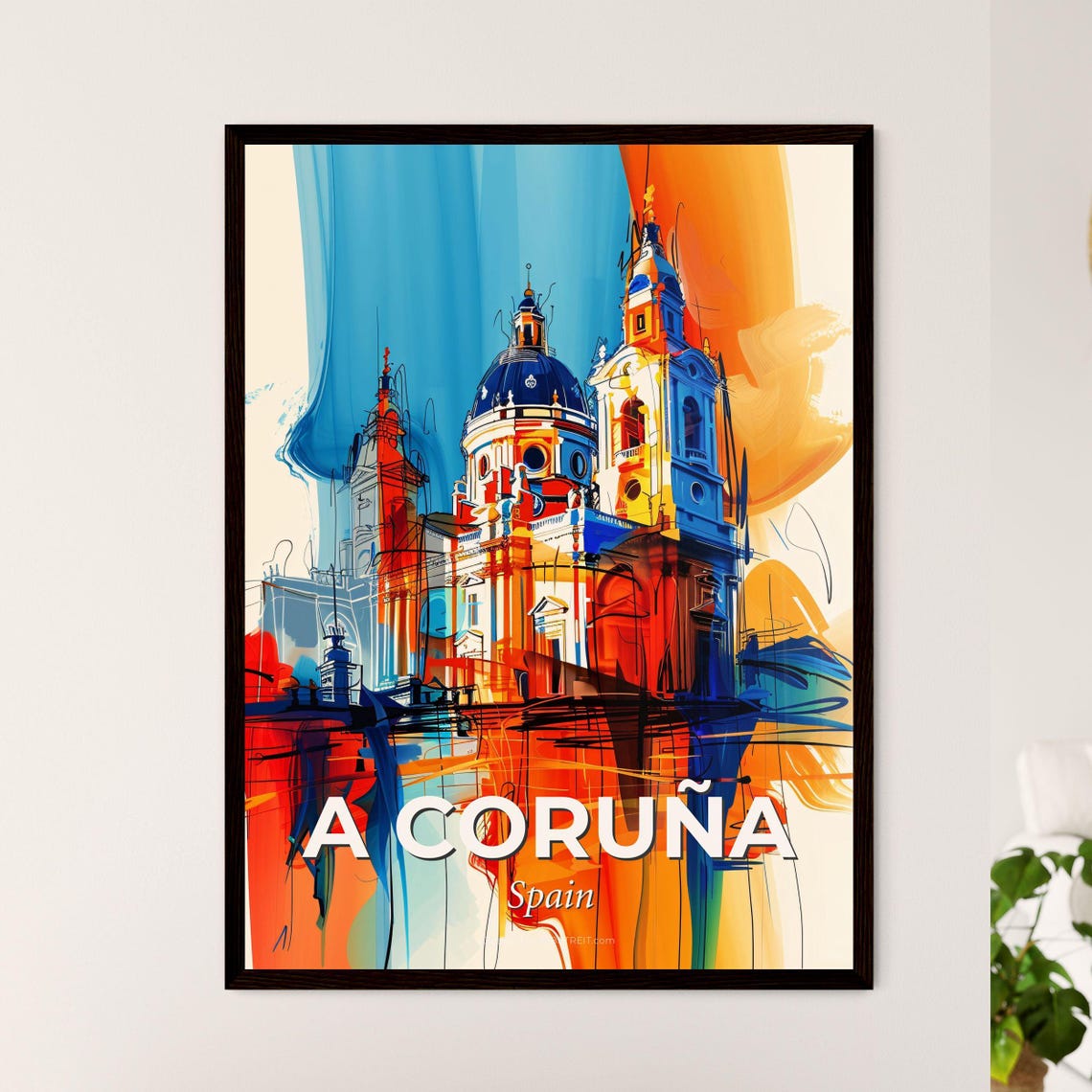 A Coruna Spain Colorful Abstract Blue Dome Cathedral Art Poster