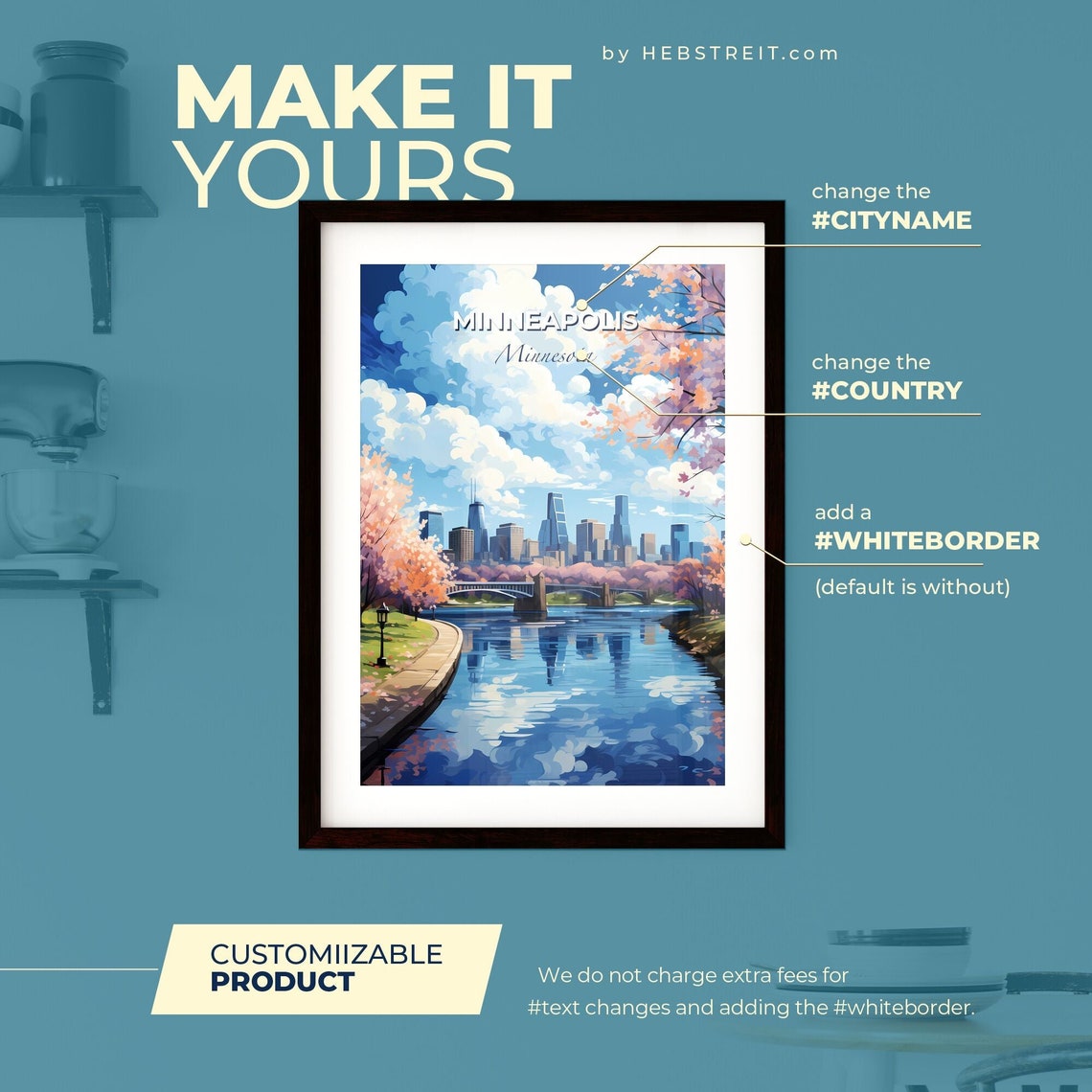 Minneapolis Minnesota River Bridge Blossom Skyline Travel Poster - Image 2