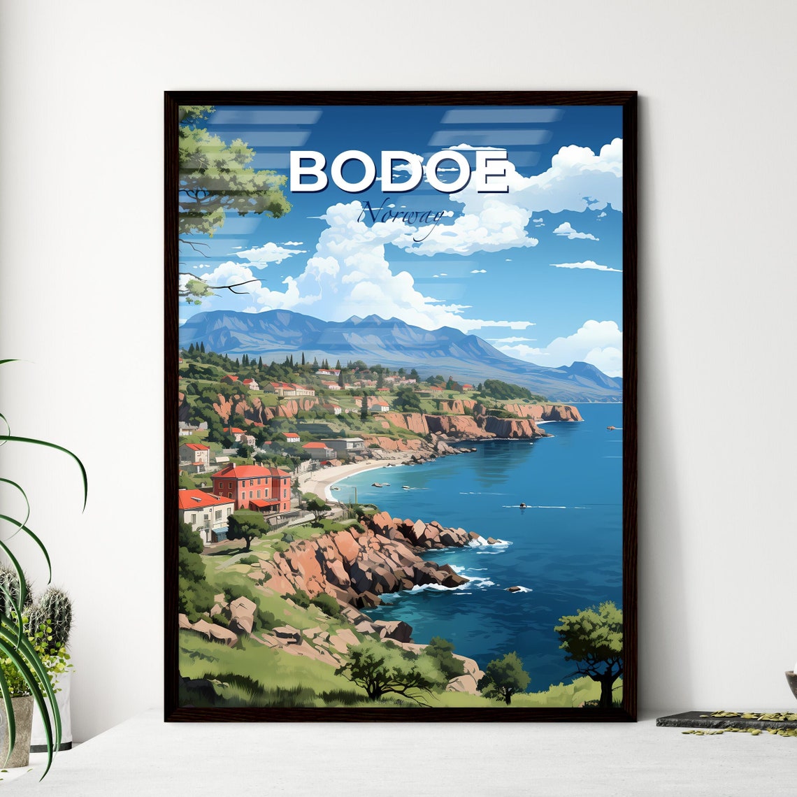 Bodoe Norway Coastal Cliffs Seaside Town Vintage Travel Poster