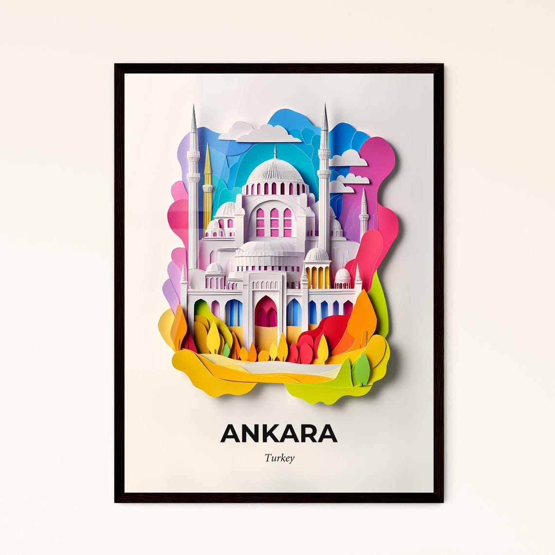 Ankara Turkey Grand Mosque Minarets Paper Cut City Art Poster
