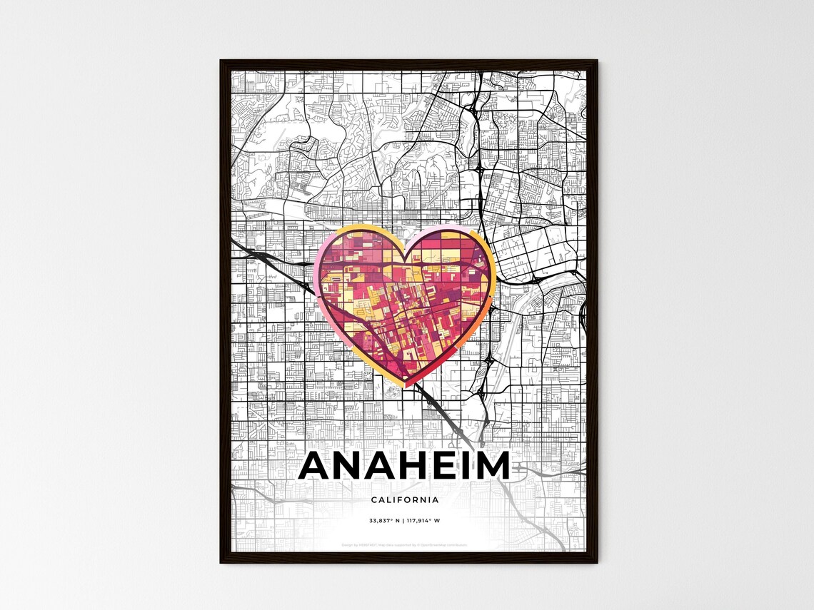 Anaheim California Minimal Map Art With Colorful Heart Icon Poster