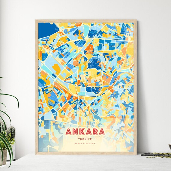 Ankara Turkiye Vibrant Colorful Blue Orange City Map Art Poster