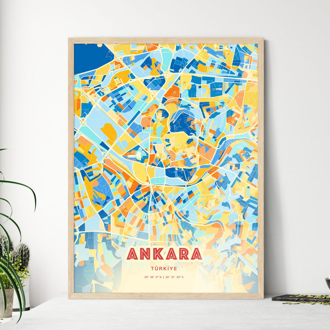 Ankara Turkiye Vibrant Colorful Blue Orange City Map Art Poster