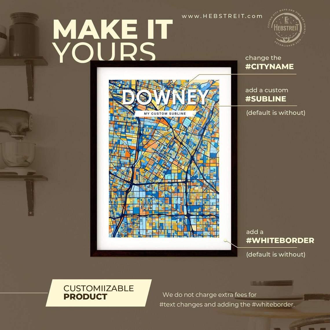 Downey California Colorful Blue Orange City Map Mosaic Poster - Image 2
