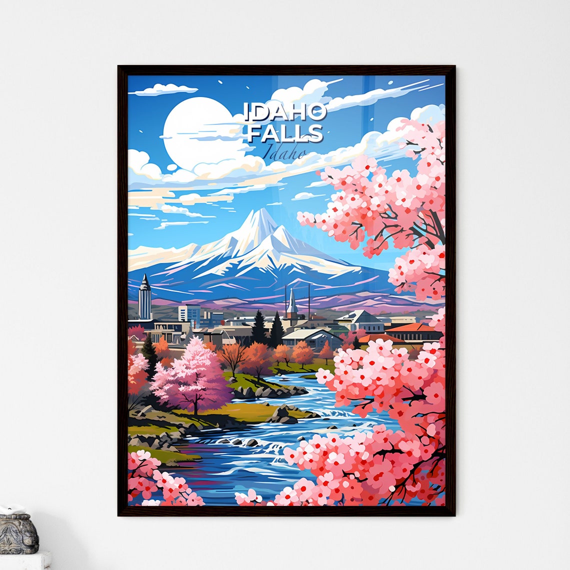 Idaho Falls Snow Capped Mountain River Rapids Travel Poster Art