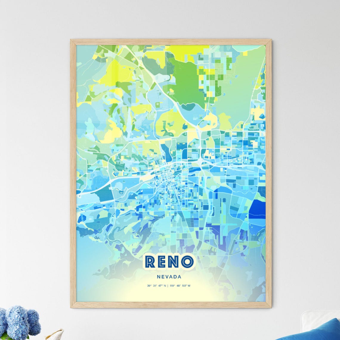 Reno Nevada Bluish Gradient City Map Art Poster Customizable