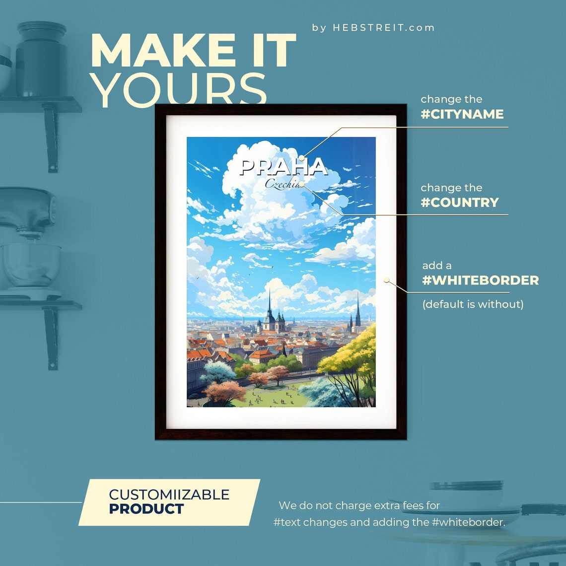 Praha Czechia Prague Skyline Churches Red Roofs Clouds Travel Poster - Image 2