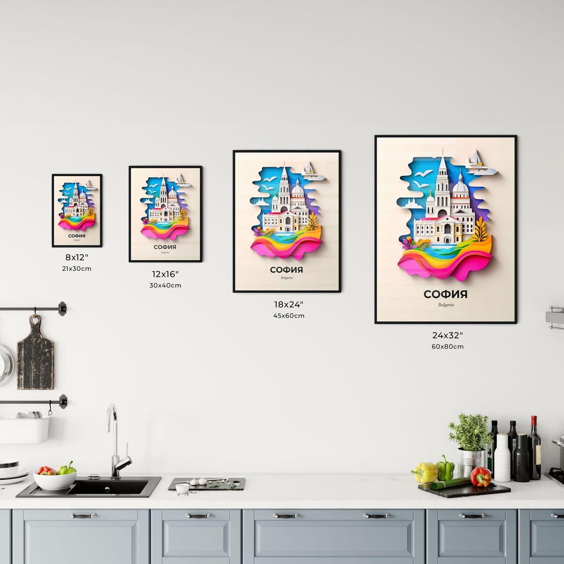Sofia Bulgaria Church Seagulls Colorful Paper Cut Art Poster - Image 3