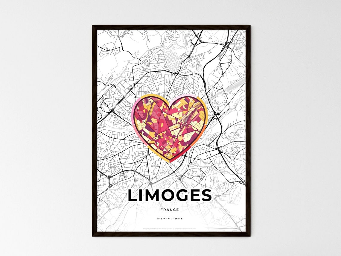 Limoges France Modern Minimalist Heart Street Map Art Poster