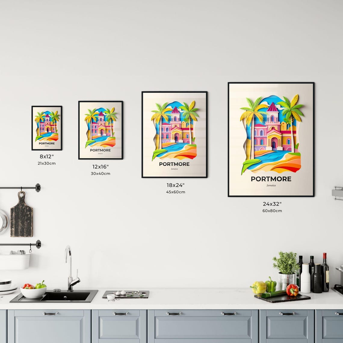 Portmore Jamaica Church Palm Trees Colorful Paper Cut Art Poster - Image 3