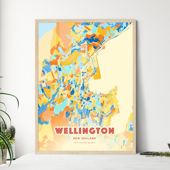Wellington New Zealand Colorful Blue Orange City Map Art Poster