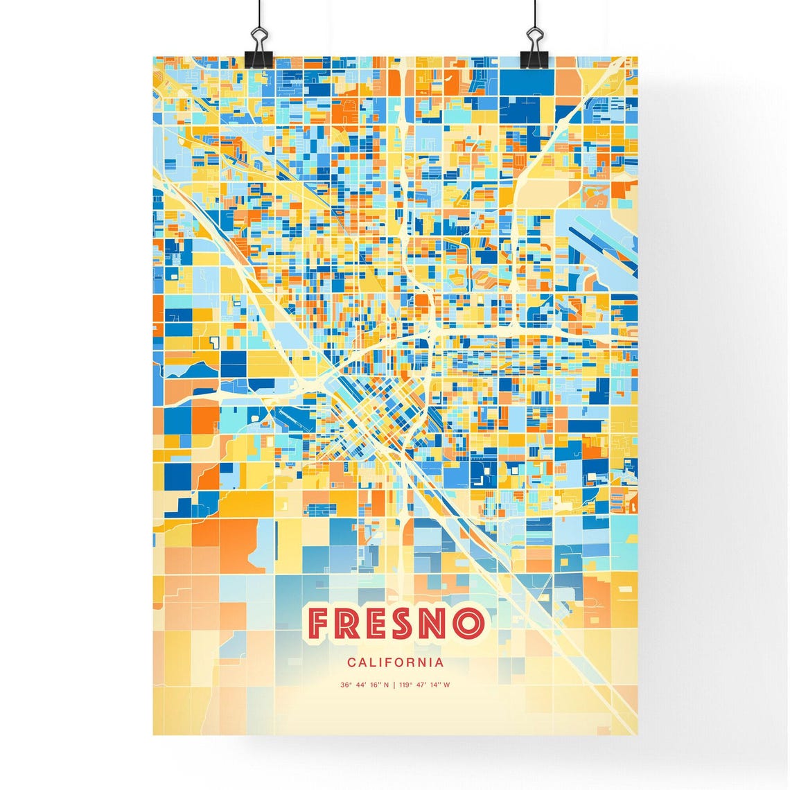 Fresno California City Map Blue Orange Street Art Map Poster - Image 3