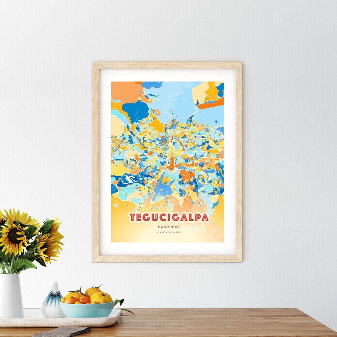 Tegucigalpa Honduras Colorful Blue and Orange Retro City Street Map Wall Art - Image 2