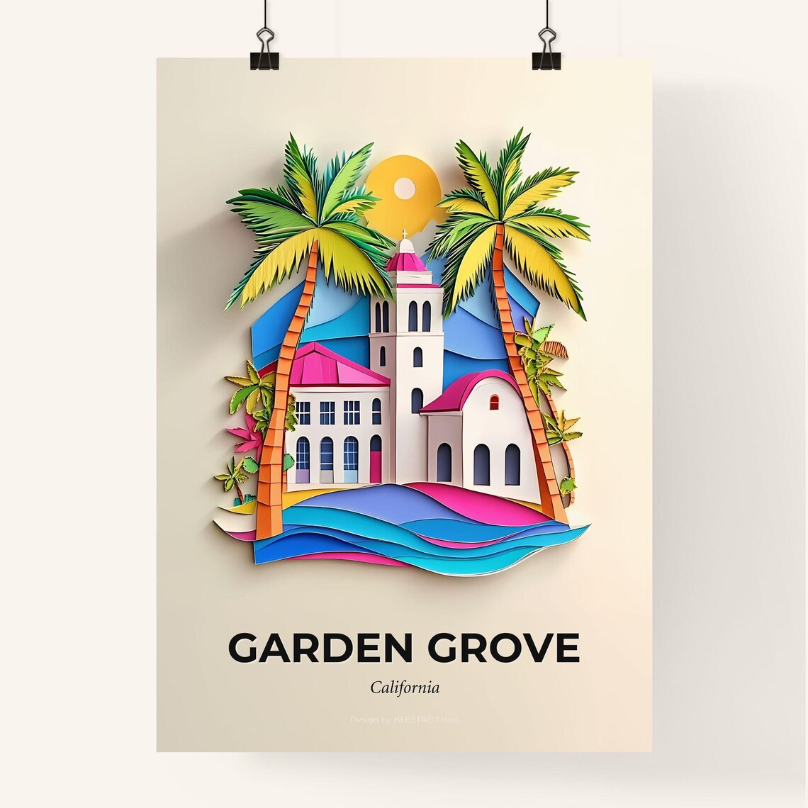 Garden Grove California Mission Church Palms Paper Cut Art Poster - Image 4