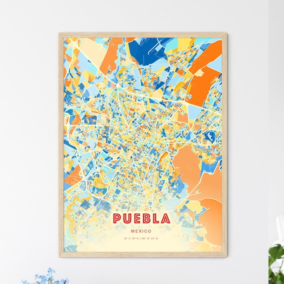 Puebla Mexico Colorful Blue Orange City Street Map Coordinates Poster