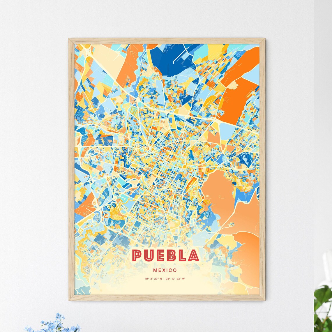 Puebla Mexico Colorful Blue Orange City Street Map Coordinates Poster