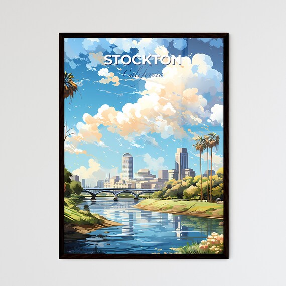 Stockton California River Bridge Skyline Vintage Travel Poster