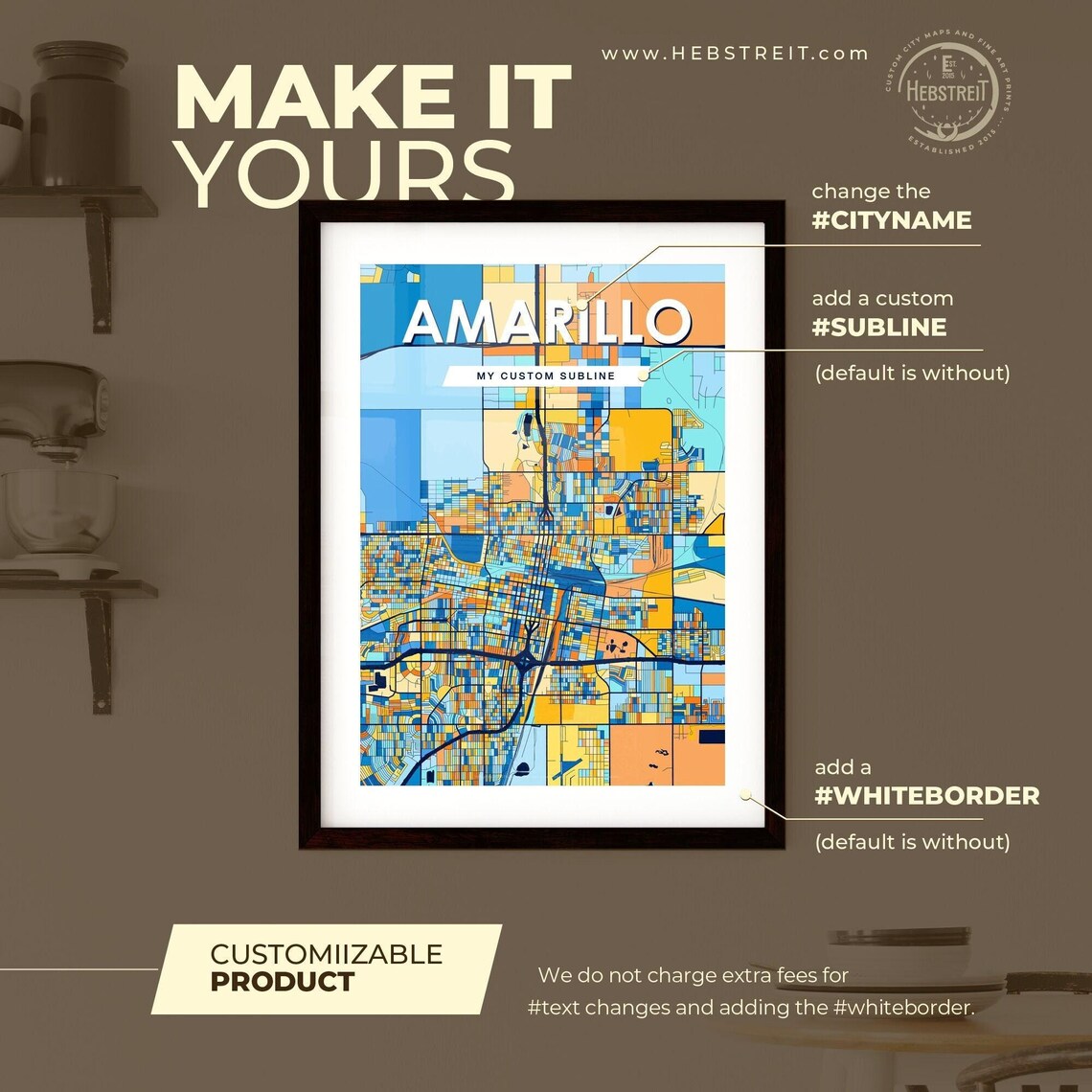 Amarillo Texas Stylish Vibrant Blue and Orange Mosaic City Map Poster - Image 2