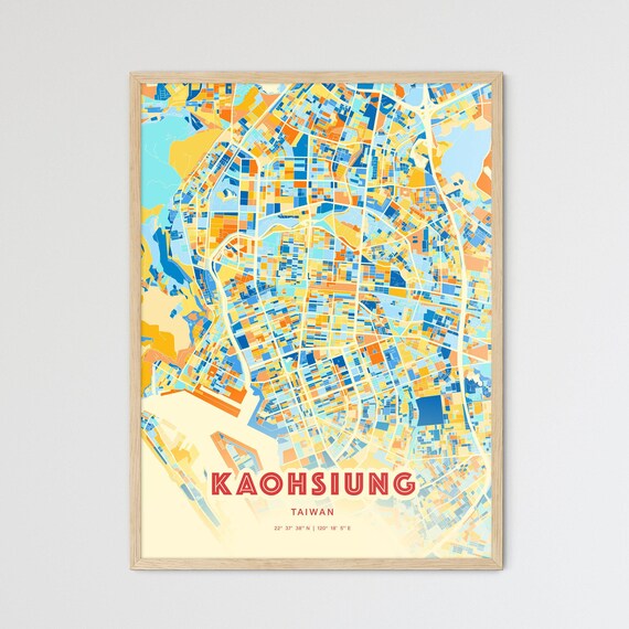 Kaohsiung Taiwan Colorful Blue and Orange City Map Art Poster
