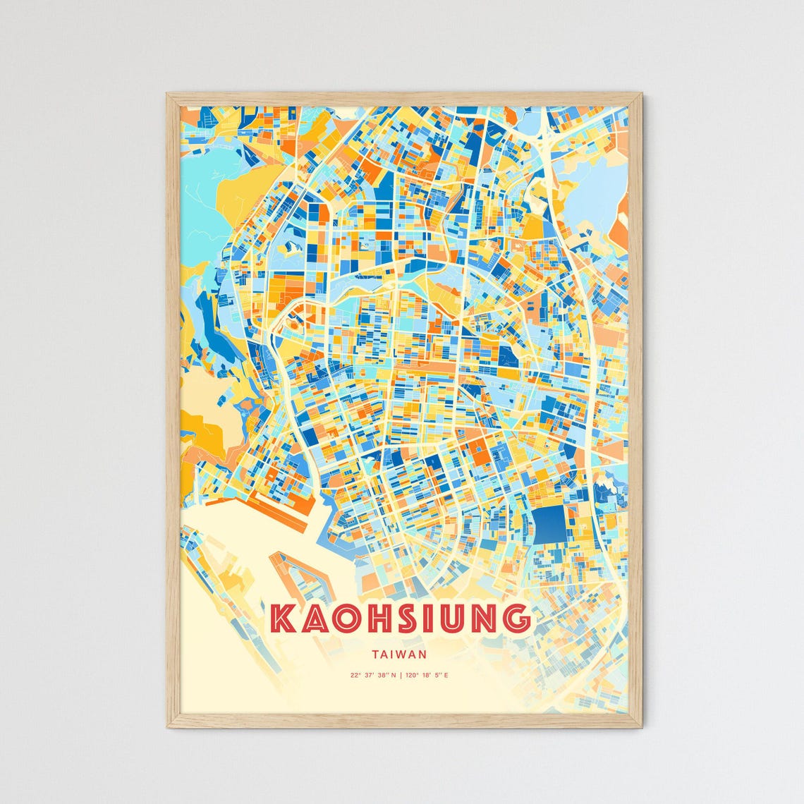 Kaohsiung Taiwan Colorful Blue and Orange City Map Art Poster