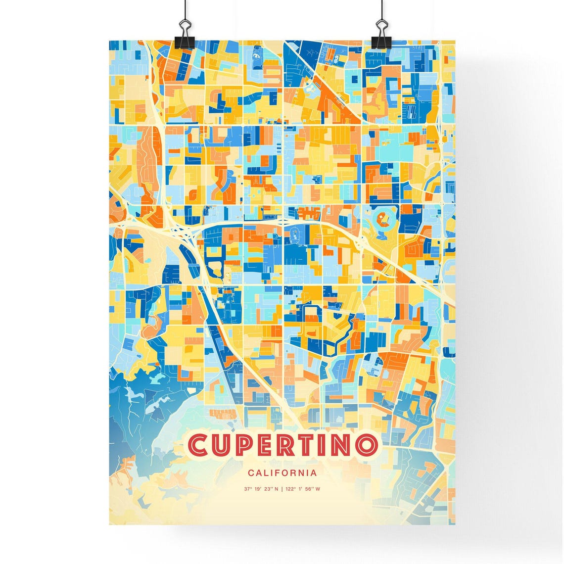 Cupertino California Blue Orange City Map Art Home Decor Poster